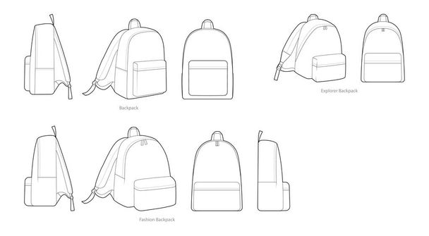 Set di zaini Fashion Explorer silhouette borse. Illustrazione tecnica accessorio moda. Schoolbag vettoriale frontale, lato 3-4 vista per uomo, donna, stile unisex, borsa piatta CAD schizzo mockup isolato - Vettoriali, immagini