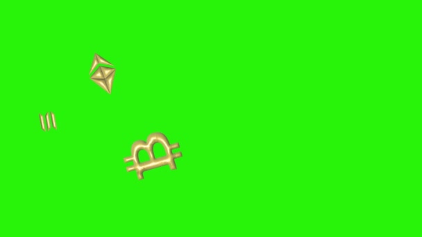 Yeşil ekran krom anahtar üzerinde metal doğal altın animasyon elementleriyle desenli kripto işaretleri. - Video, Çekim