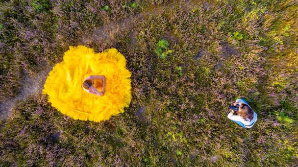 De um ponto de vista aéreo, uma mulher em um vestido amarelo ondulante é centrada como uma flor florescente contra os verdes texturizados e roxos de uma paisagem natural. Flor aérea: mulher em um vestido amarelo - Foto, Imagem