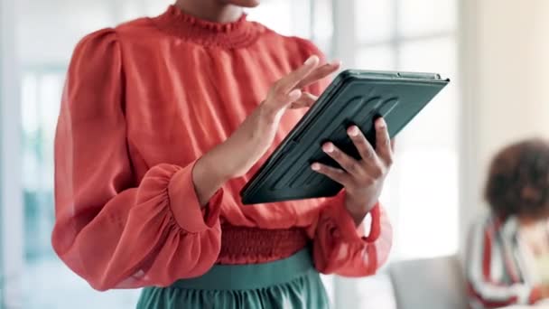 Business woman, hands and scrolling with tablet at office for communication, research or networking. Closeup of female person or employee browsing on technology for online search at the workplace. - Footage, Video