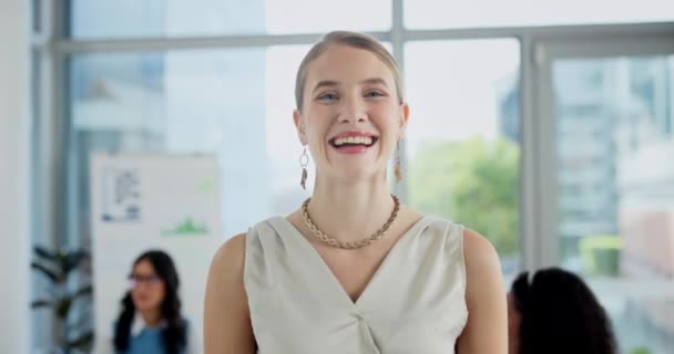 Face, happy and business woman in office, workplace or startup company for career. Portrait, professional entrepreneur and smile of creative designer, person and employee laughing in Switzerland. - Séquence, vidéo