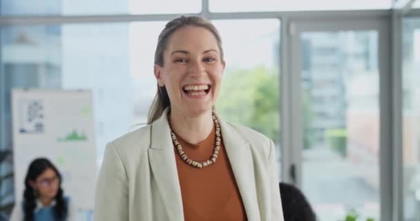 Smile, happy and businesswoman in office, workspace and boardroom with coworkers for business career. Female person, leader and banker professional for corporate job, work and pride in staff. - Materiał filmowy, wideo