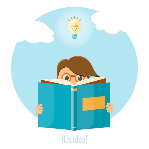Άνθρωπος διαβάζοντας ένα βιβλίο για τη δημιουργία μια καλή ιδέα. Επιχειρηματική ιδέα ιδέα. Επίπεδη εικόνα διάνυσμα. - Διάνυσμα, εικόνα