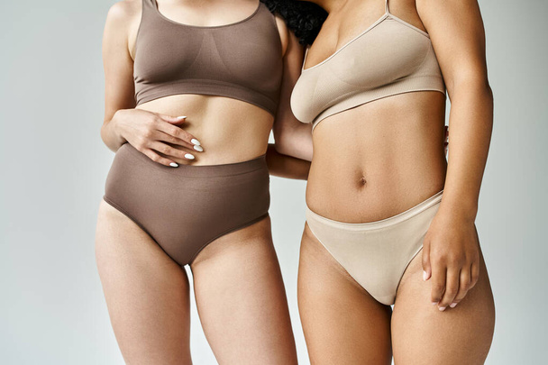 Two beautiful diverse women standing in cozy pastel underwear. - Photo, Image