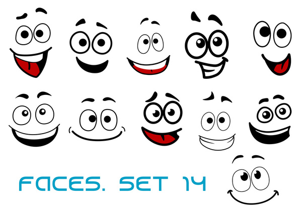 Caras de dibujos animados con felicidad y expresiones alegres
 - Vector, Imagen
