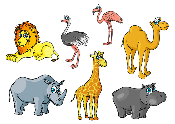 Dibujos animados africanos animales salvajes y aves personajes
 - Vector, imagen