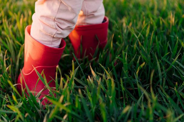 Kind meisje benen in laarzen in het veld. Zonsondergang licht - Foto, afbeelding
