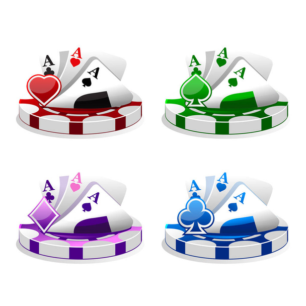 Διανυσματικό σύνολο εικονιδίων για καζίνο ή κουλοχέρηδες. Τέσσερα χρώματα και σύμβολα πόκερ κάρτες. - Διάνυσμα, εικόνα