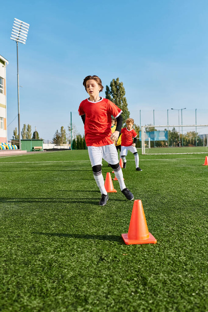 Ryhmä pieniä lapsia, täynnä energiaa ja innostusta, pelaa henkevää jalkapalloa vihreällä kentällä. He juoksevat, potkivat palloa ja hurraavat toisilleen auringon alla.. - Valokuva, kuva