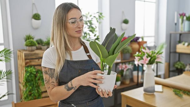 Una florista caucásica en un delantal sosteniendo una planta admira su trabajo dentro de una floristería, rodeada de varias plantas y flores verdes. - Foto, Imagen