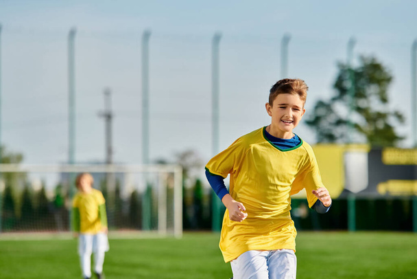Nuori poika eloisassa keltaisessa paidassa pelaa innokkaasti jalkapalloa potkien palloa taitavasti nurmikentällä.. - Valokuva, kuva