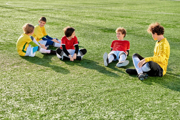 Een levendige groep kinderen zit op een levendig groen veld, koesterend in het warme zonlicht. Hun gezichten zijn gevuld met vreugde en gelach als ze genieten van hun tijd samen buiten. - Foto, afbeelding