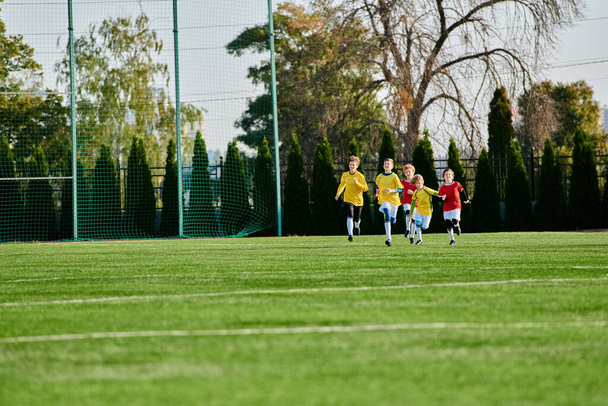 Egy élénk csoport energikus fiatal gyerek rohan lelkesen keresztül a focipályán, tele örömmel és izgalommal, ahogy részt vesznek egy játékos játék. - Fotó, kép