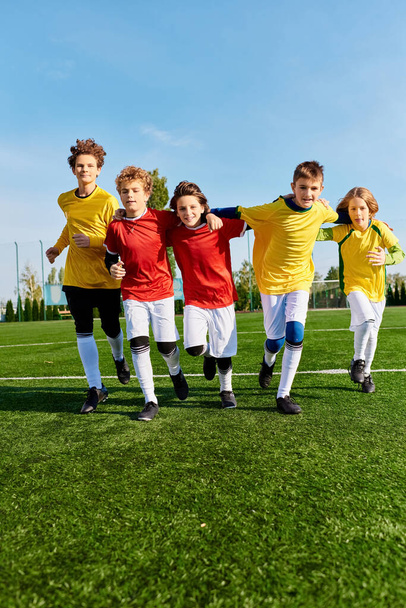 Çeşitli gençlerden oluşan bir grup yeşil bir futbol sahasının tepesinde gururla duruyor, atletik uğraşlarında birlik ve dostluk gösteriyorlar.. - Fotoğraf, Görsel