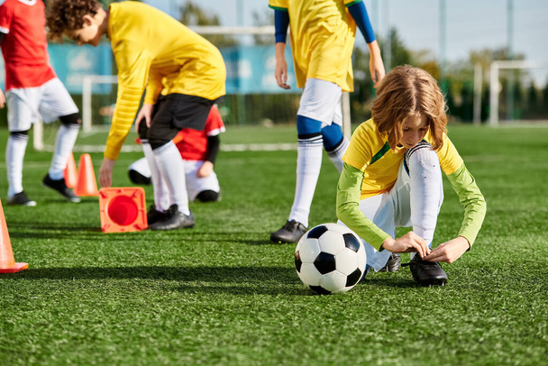 Группа маленьких детей в разноцветных майках энергично играет в футбол на поле. Они бегают, пинают мяч и веселятся от волнения. - Фото, изображение