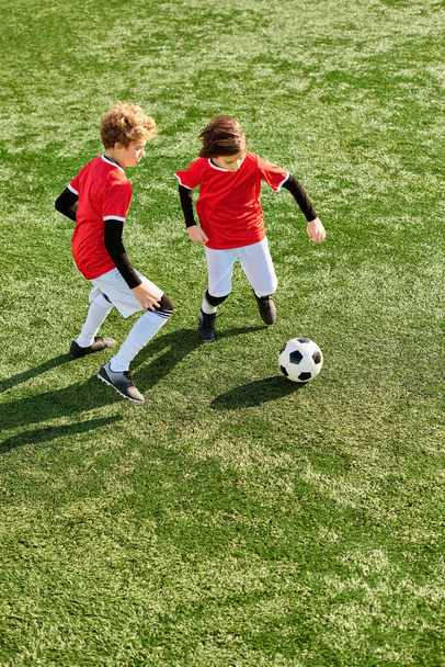 Δύο νεαρά αγόρια κλωτσάνε με ενέργεια μια μπάλα ποδοσφαίρου μπρος-πίσω σε ένα ζωντανό πράσινο γήπεδο, βυθισμένα στη χαρά του παιχνιδιού.. - Φωτογραφία, εικόνα