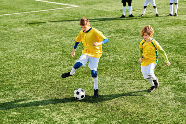 A vibrant scene unfolds as a dynamic group of young boys engage in an exhilarating game of soccer, showcasing their skills, teamwork, and sheer joy of playing together. - Photo, Image