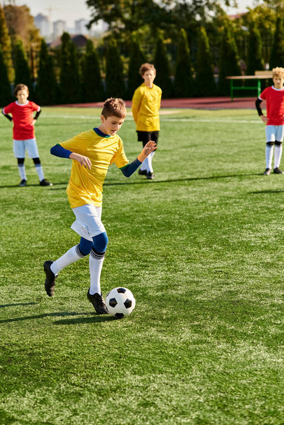 Grupa młodych chłopców energicznie zaangażowanych w grę w piłkę nożną, biegających po trawiastym polu, kopiących piłkę, przechodzących i dopingujących się nawzajem. - Zdjęcie, obraz