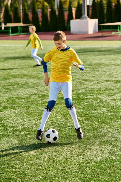 Genç bir adam, büyük yeşil bir alanda futbol topunu enerjik bir şekilde tekmeliyor. Yeteneklerini ve tutkusunu spor için sergiliyor.. - Fotoğraf, Görsel