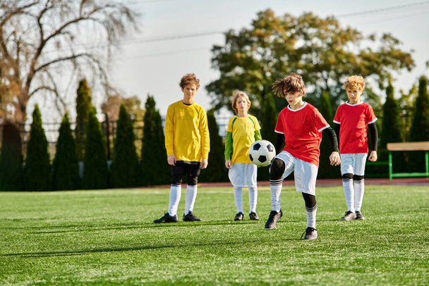 Група спіральних молодих хлопчиків стоїть на футбольному полі, їхні очі наповнені рішучістю і єдністю, коли вони готуються до складного матчу попереду. - Фото, зображення