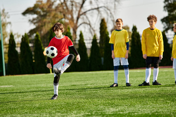 Een jonge jongen schopt energiek een voetbal op een groen veld. Zijn gefocuste expressie en vloeiende beweging leggen de opwinding en intensiteit van het spel vast terwijl hij zijn vaardigheden perfectioneert. - Foto, afbeelding