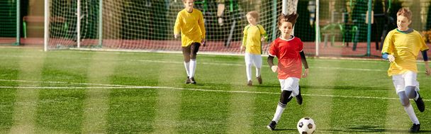 サッカーの激しい試合に従事する若い男性の活発なグループは,スキルと決意でフィールドの周りのボールを蹴り,チームワークと競争力のある精神を表示します. - 写真・画像
