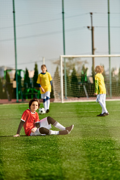 Grupa entuzjastycznych małych dzieci grają w żywą grę w piłkę nożną. Biegają, dryblują, podają i kopią piłkę na trawiastym polu, pokazując pracę zespołową i sportową. - Zdjęcie, obraz