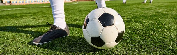 Una persona in piedi sulla cima di un pallone da calcio su un campo verde lussureggiante, mostrando perfetto equilibrio e abilità in una straordinaria impresa atletica. - Foto, immagini