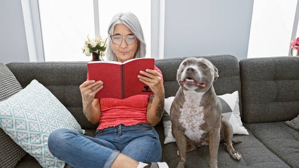 Femme intelligente d'âge moyen aux cheveux gris lisant confortablement la littérature avec son chien sur le canapé à la maison, profitant de son temps libre dans un style de vie détendu. - Photo, image