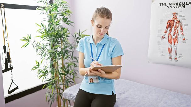 Μια νεαρή γυναίκα υπάλληλος υγείας γράφει σε ένα πρόχειρο σε μια κλινική με μια ανατομική αφίσα στον τοίχο. - Φωτογραφία, εικόνα