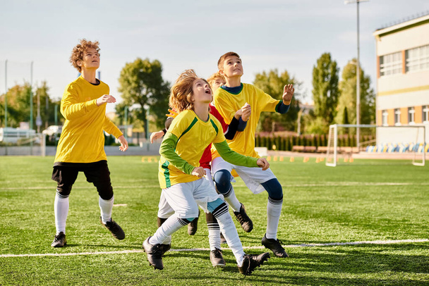 Μια ζωντανή ομάδα νεαρών ατόμων που παίζουν με ενθουσιασμό ένα παιχνίδι ποδοσφαίρου σε ένα χλοερό πεδίο, τρέξιμο, κλοτσιές, και το πέρασμα της μπάλας με την ικανότητα και την ομαδική εργασία. - Φωτογραφία, εικόνα