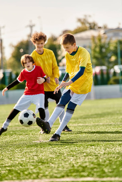 Група молодих чоловіків енергійно штовхає футбольний м'яч, демонструючи свою пристрасть до спорту, коли вони беруть участь у дружній грі. - Фото, зображення