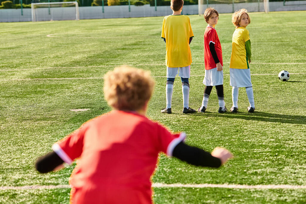 Genç çocuklardan oluşan dinamik bir grup zaferle bir futbol sahasının tepesinde duruyor, spora olan sevgileriyle ve ortak zaferleriyle. Enerji ve tutku yayarlar, takım çalışmasını ve hayallerin peşinde koşmayı sembolize ederler. - Fotoğraf, Görsel