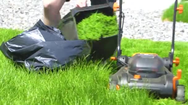 Castle Rock, Colorado, USA-June 25, 2023- At a residential suburban house, a lush green lawn is meticulously sowed using an electric lawn mower, creating a well-manicured and inviting outdoor space. - Кадры, видео