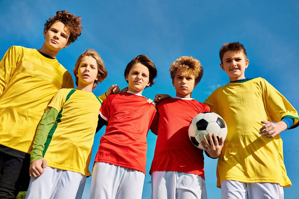 Skupina mladých mužů stojí těsně vedle sebe, drží fotbalový míček, předvádí týmovou práci a kamarádství. - Fotografie, Obrázek