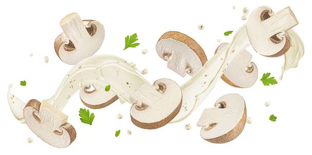Salsa de champiñones, salpicadura de crema blanca con rodajas de champiñón que caen aisladas sobre fondo blanco con camino de recorte - Foto, Imagen