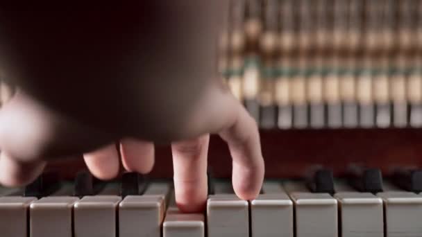 Крупним планом пальці піаніста на клавішах піаніно. Чоловіки, які вивчають музику, грають соло. Повільний рух. Копіювати простір - Кадри, відео