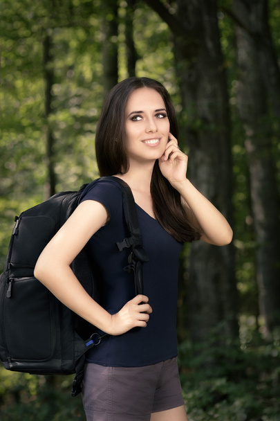 Happy Hiking Girl with Travel Backpack - Photo, image