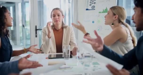 Meeting, conflict or business woman with office team for paper, argument or audit mistake. Corporate, stress or manager overwhelmed by anxiety, fight or frustrated financial group with budget review. - Кадры, видео