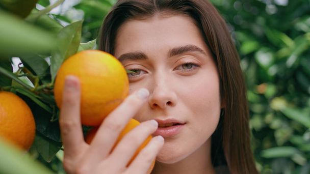 女性は緑の自然の肖像画でオレンジ色の果実に直面しています. ボタニカルガーデンの近くでカメラを眺めている自信あふれる女の子. タンジェリンプランテーションで夏のリラックスを楽しむハッピーな官能的なブルネット  - 写真・画像