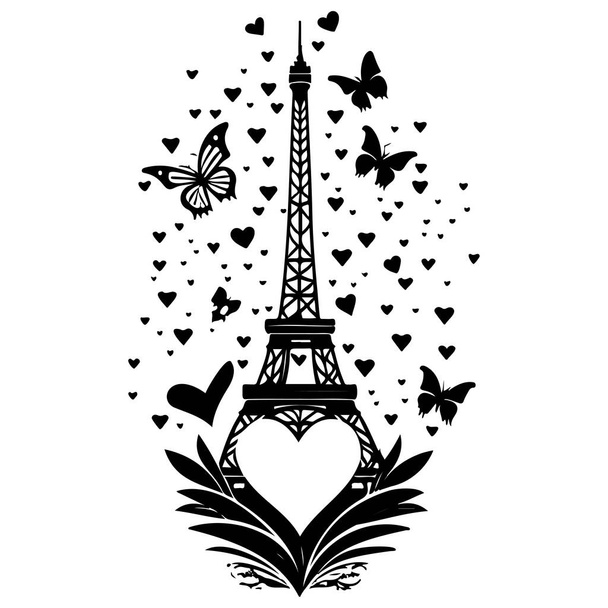 Ейфелева вежа з метеликом любов серця Валентина ілюстрація елемент малювання руки - Вектор, зображення