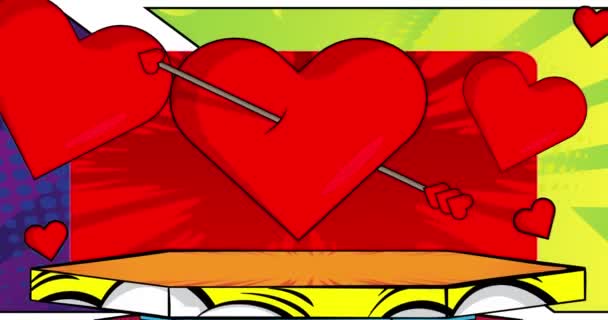 Comic Book Product podium stage animation για παρουσίαση με Arrow Heart. Ρετρό κόμικς φόντο βίντεο. - Πλάνα, βίντεο