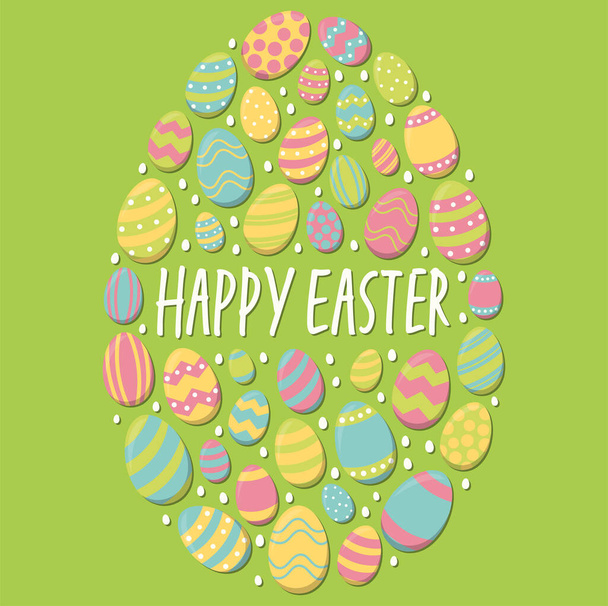 eps illustrazione vettoriale di uova di Pasqua dipinte con diversi colori combinati per formare un grande uovo e auguri pasquali su sfondo verde - Vettoriali, immagini