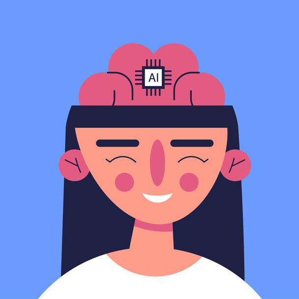 Chip in brain girl to restore autonomy and abilities to people with unmet medical needs. Digital AI brain. Flat vector illustration. - Vector, Image