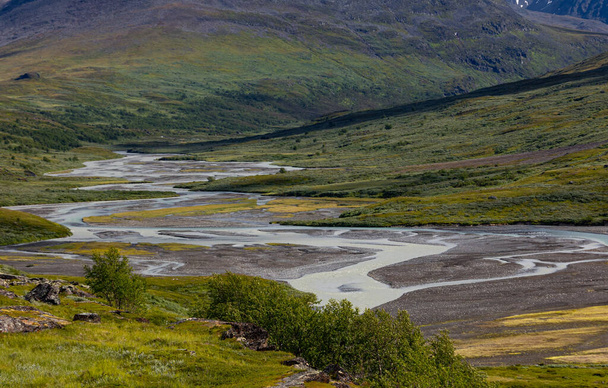 Un bellissimo paesaggio Rapa fiume Rapadalen con piante autoctone. Un fiume di montagna dall'alto nel Sarek National Park, Svezia. Scenario estivo del Nord Europa. - Foto, immagini