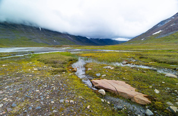 Ένα μικρό, βραχώδες ορεινό ρέμα στο Εθνικό Πάρκο Σάρεκ της Σουηδίας. Ένα όμορφο καλοκαιρινό τοπίο με ροή νερού στην άγρια φύση της Βόρειας Ευρώπης. - Φωτογραφία, εικόνα