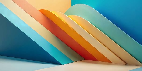 Fondo de vacaciones de verano con formas geométricas con curvas de arco iris en forma de onda y conceptos de arte contemporáneo para promover productos. triángulo, exhibición, ilustración, representación 3d - Foto, Imagen