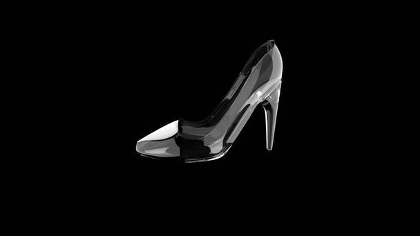 Een kristal of glazen muiltje of hoge hak schoen op een zwarte achtergrond, Assepoester concept. 3d renderen. - Foto, afbeelding
