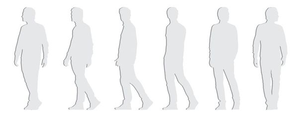 Concepto vectorial silueta de corte de papel gris conceptual de un joven que camina desde diferentes perspectivas aisladas en blanco. Una metáfora del casual, la moda, la relajación, el ocio y el estilo de vida - Vector, Imagen