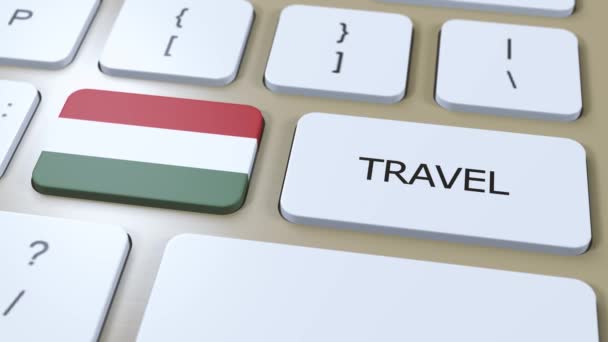 Угорський національний прапор і текстові подорожі на кнопці. Подорож країною 3D анімація. - Кадри, відео